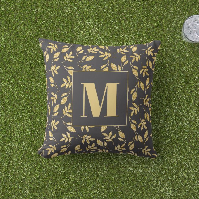 Coussin Monogramme noir Feuille or Moderne Design (Herbe)