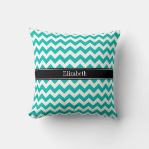 Coussin Monogramme noir zigzag chevron blanc sarcelle