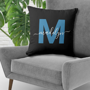 Coussin Monogramme Nom initial Script bleu