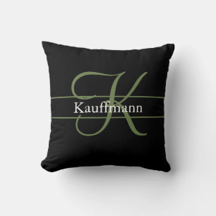 Coussin Monogramme Nom Initiale Écriture Noir Vert Blanc 