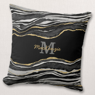 Coussin Monogramme Nom Marbre noir Agate Parties scintilla