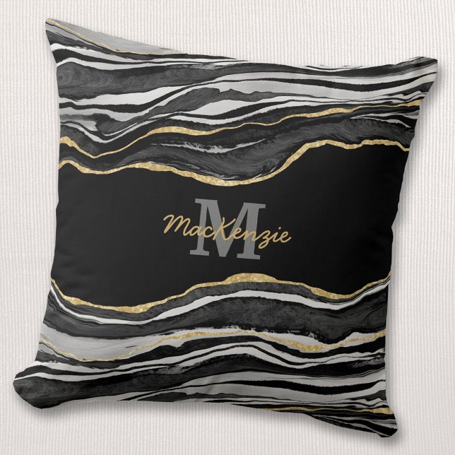 Coussin Monogramme Nom Marbre noir Agate Parties scintilla (Créateur téléchargé)