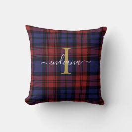Coussin Monogramme Nom Plaid Rouge Violet Rustique Tartan