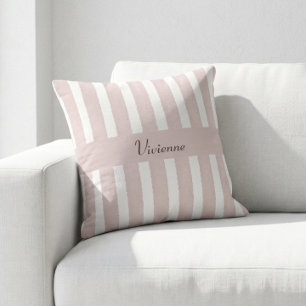 Coussin Monogramme Nom Rayures Aquarelle Rose Pâle