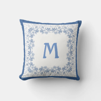 Coussin Monogramme nostalgique Frontière florale Indigo
