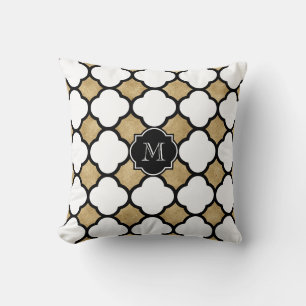 Coussin Monogramme Or Blanc Noir Géométrique Quatrefoil