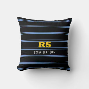 Coussin Monogramme Or Gras, Nom, Lignes Bleues sur Noir