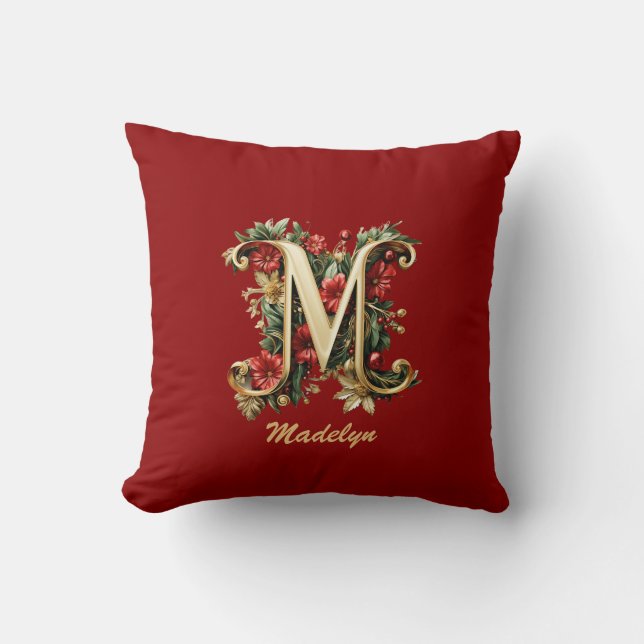 Coussin Monogramme Orné Personnalisé M Noir Rouge Or (Recto)
