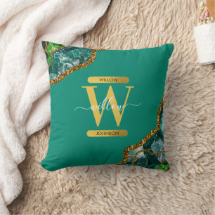 Coussin Monogramme Pailleté de Géode d'Agate Vert Émeraude