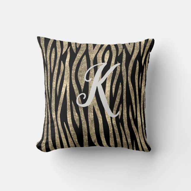 Coussin Monogramme Parties scintillant noire et or Zebra I (Recto)