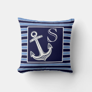 Coussin Monogramme personnalisé Ancre nautique rayures ble