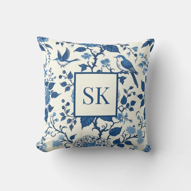 Coussin Monogramme personnalisé Chinoiserie Bleu et blanc (Recto)