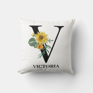 Coussin Monogramme personnalisé d'alphabet floral V 