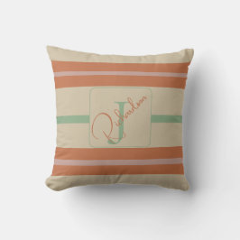 Coussin Monogramme personnalisé en rayures corail et sauge