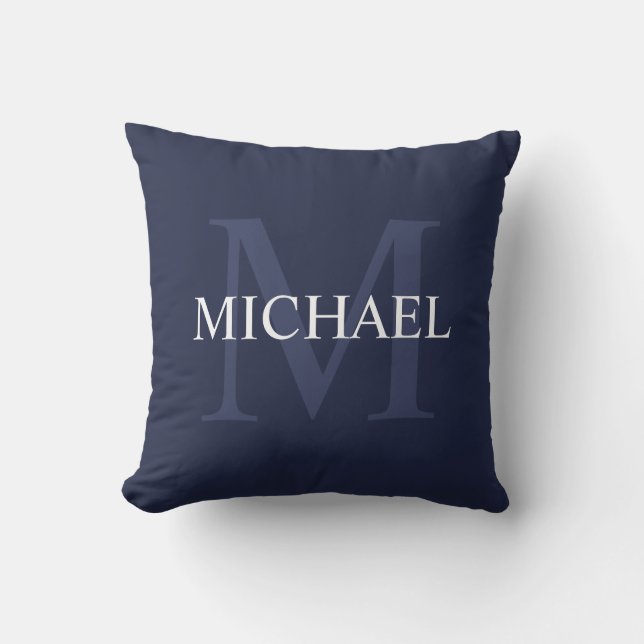 Coussin Monogramme personnalisé et nom Navy Blue (Recto)