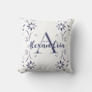 Coussin Monogramme Personnalisé Fleurs Bleues Nom