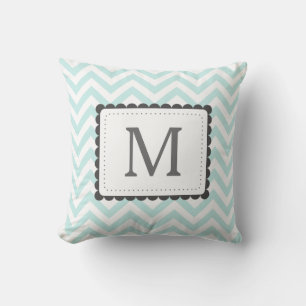 Coussin Monogramme Personnalisé Mint Bleu Et Blanc Chevron