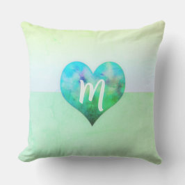 Coussin Monogramme personnalisé Moderne Cœur Bleu Vert Gru