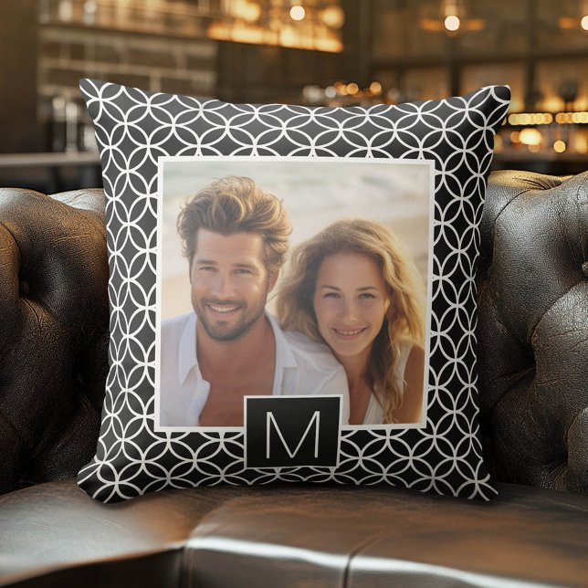 Coussin Monogramme personnalisé noir et blanc 1 photo Coll (Custom Photo Pillow)