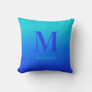 Coussin Monogramme personnalisé & nom Turquoise à Blue Gra