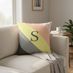 Coussin Monogramme personnalisé rayé gris et pêche