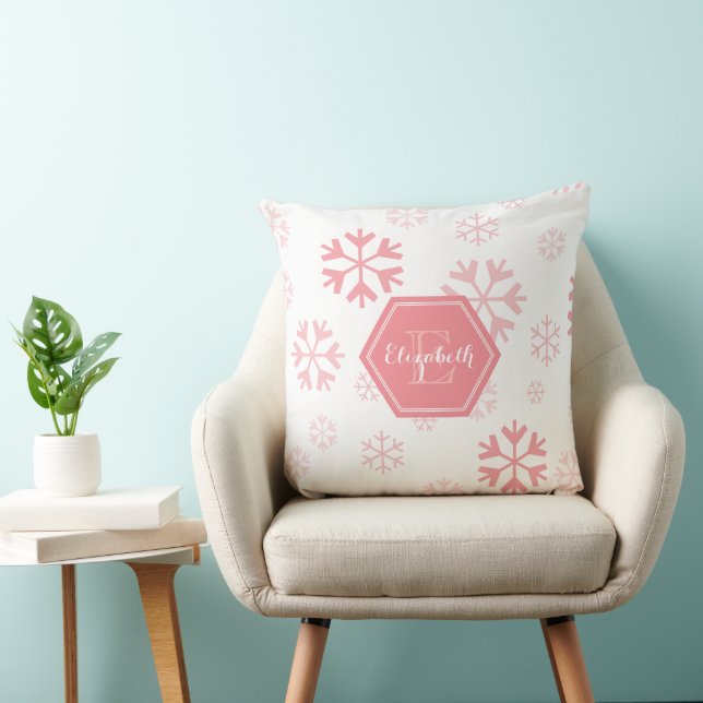 Coussin Monogramme personnalisé rose blanc Flube à neige J (Chaise)