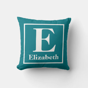 Coussin Monogramme personnalisé turquoise avec nom personn
