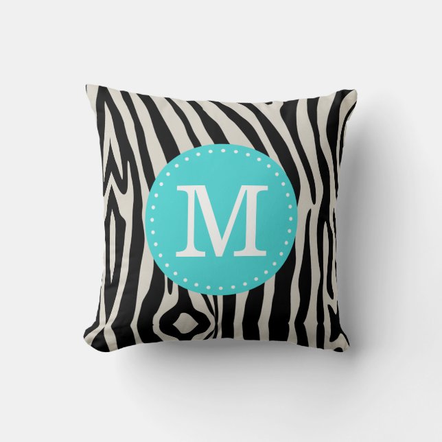 Coussin Monogramme personnalisé Turquoise et noire Zèbre (Recto)