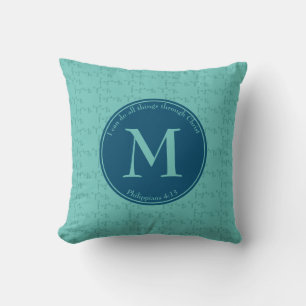 Coussin MONOGRAMME   Philippiens 4:13   TURQUOISE   révers