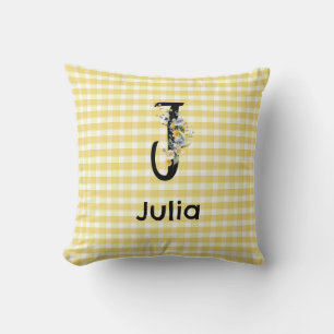 Coussin Monogramme première fleur d'aquarelle en vichy mot