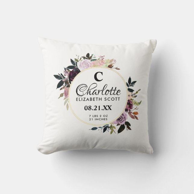 Coussin Monogramme Purple Rose Floral Statistiques de nais (Recto)