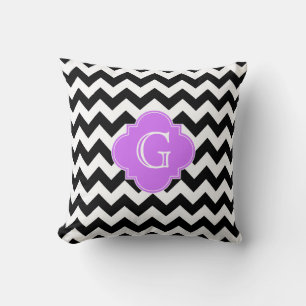 Coussin Monogramme Quatrefoil noir blanc Chevron Lilac