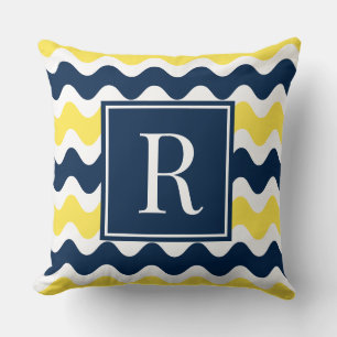 Coussin Monogramme rayé ric rac jaune et marine prépa