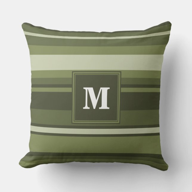 Coussin Monogramme rayures vert olive (Recto)