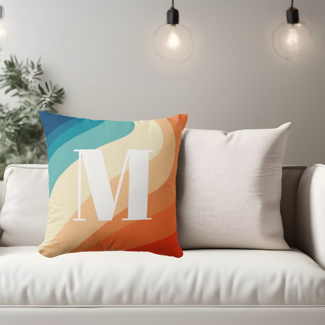 Coussin Monogramme Retro Arc-en-ciel bleu orange (Créateur téléchargé)