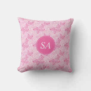 Coussin Monogramme Romantique Papillons rose et blanc