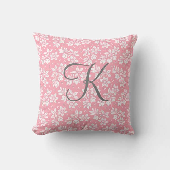 Coussin Monogramme Rose Blanc Gris Floral Botanique (Recto)