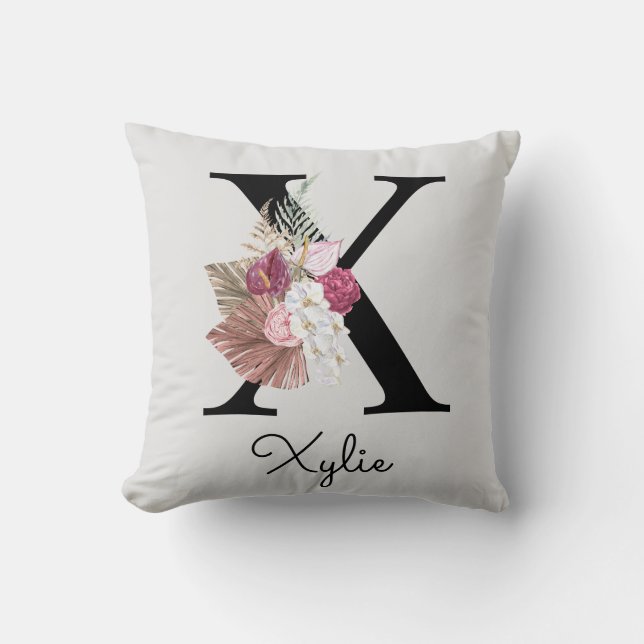 Coussin Monogramme Rose Boho Féminin Floral Initial X (Recto)