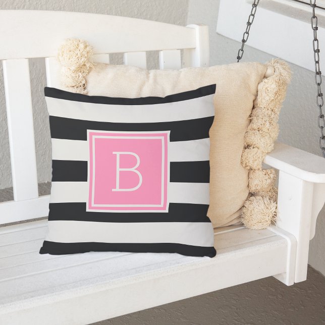 Coussin Monogramme rose en bande noire et blanche extérieu (Créateur téléchargé)