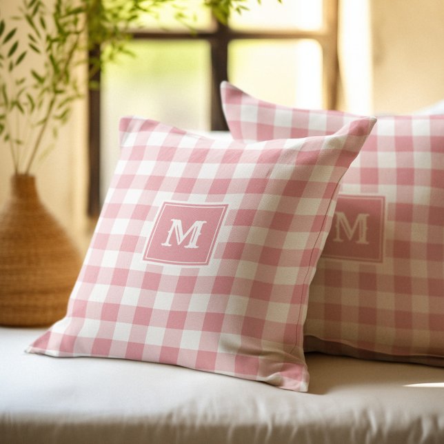 Coussin Monogramme rose et blanc à carreaux de style buffa (Créateur téléchargé)