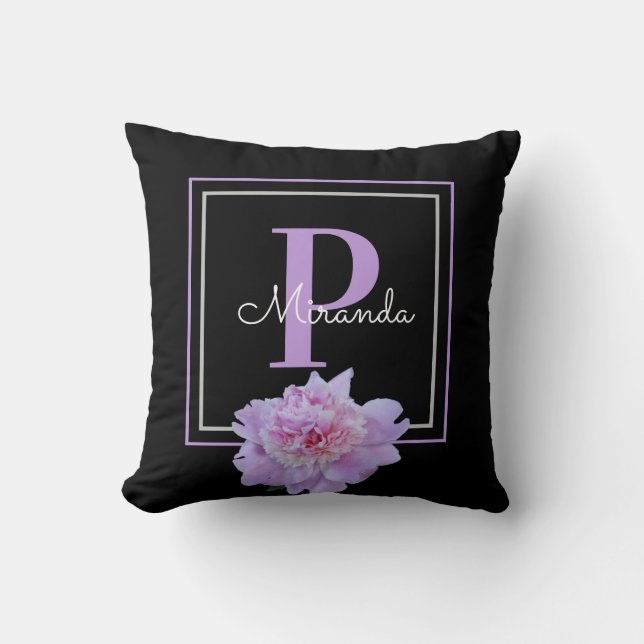 Coussin Monogramme rose Fleur Noir (Recto)