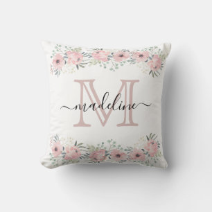 Coussin Monogramme rose floral élégant moderne