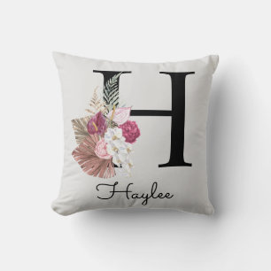 Coussin Monogramme rose floral initial H