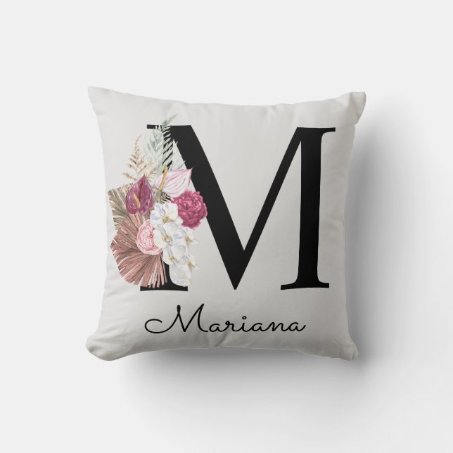Coussin Monogramme Rose Floral Initiale M (Recto)