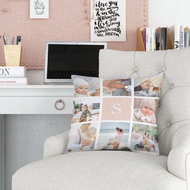 Coussin Monogramme rose pâle Collage photo (Créateur téléchargé)