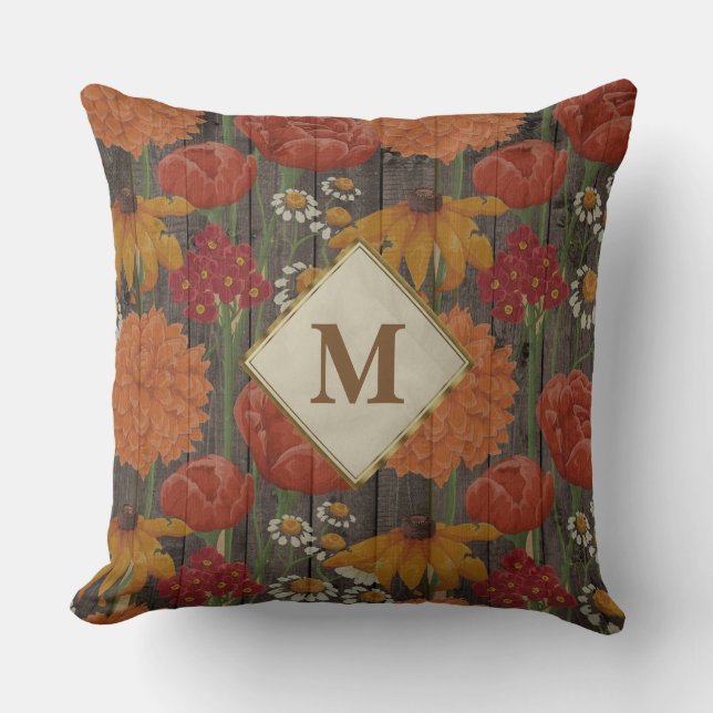 Coussin Monogramme Rouge Orange Fleurs et marguerites Bois (Recto)