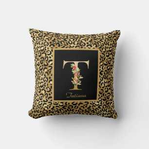 Coussin Monogramme T personnalisé Léopard Moderne