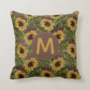 Coussin Monogramme tournesols jaunes bois rustique