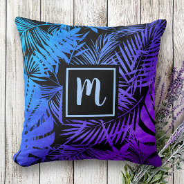 Coussin Monogramme tropical bleu pourpre ombre feuille mot