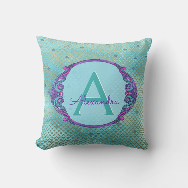 Coussin Monogramme turquoise vert et mauve de sirène (Recto)
